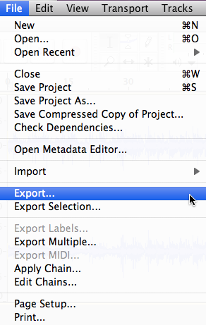 Audacity 2.0 for Mac >> File >> Export